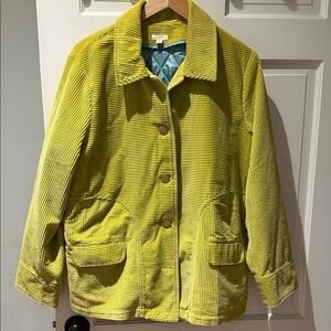 J. Jill Chartreuse Corduroy Jacket Removable Quilted Blue Lining Pockets L